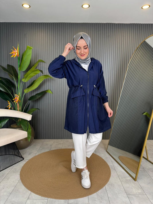 Aura File Detailed Hooded Coat Navy Blue