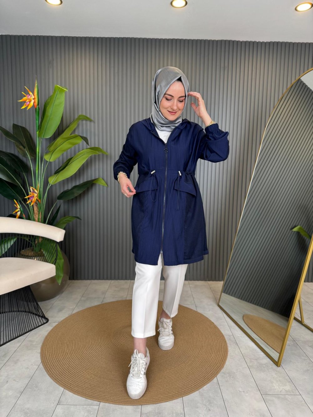 Aura File Detailed Hooded Coat Navy Blue
