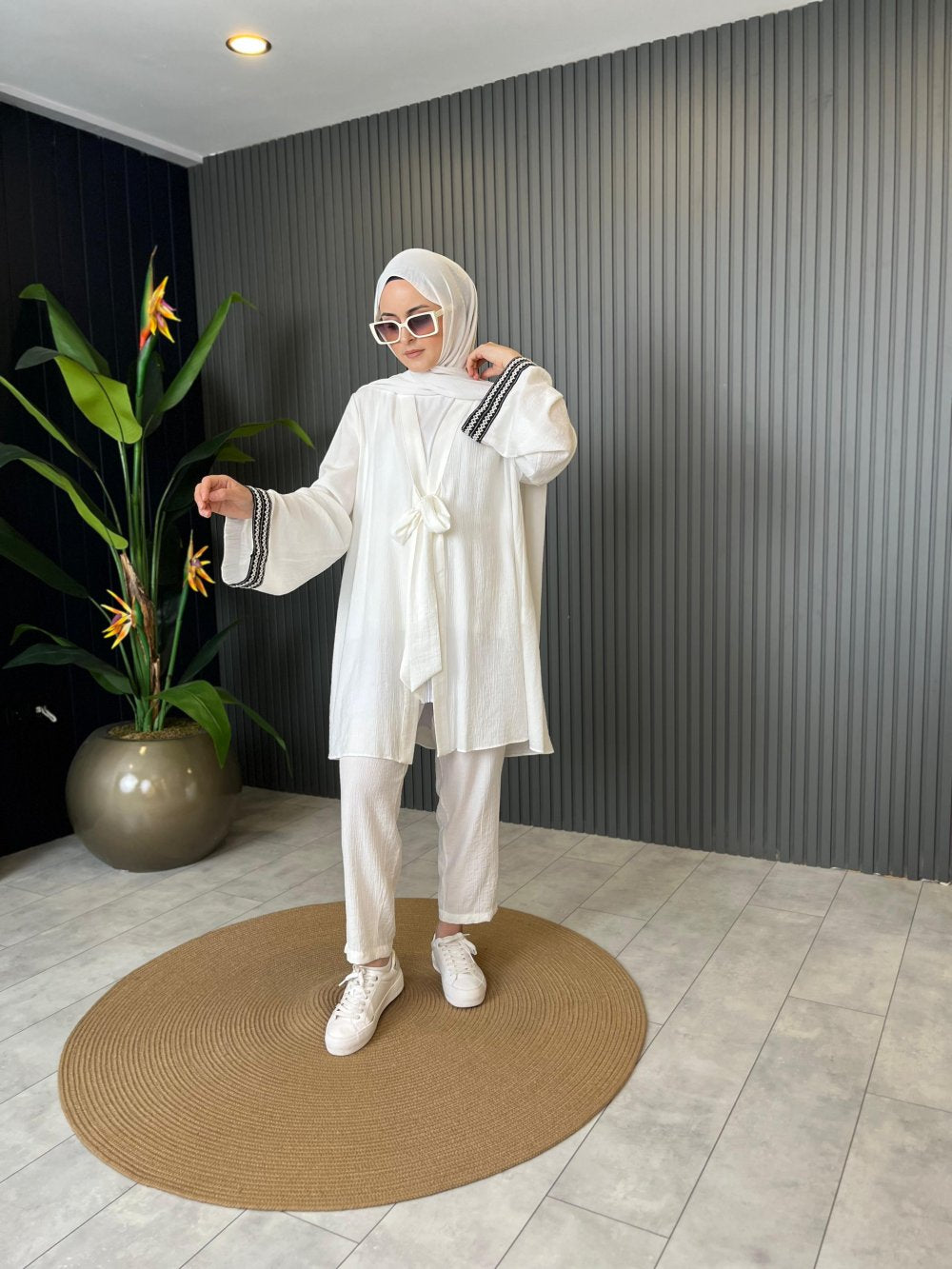 Embroidered Sleeve Pantsuit in Ecru
