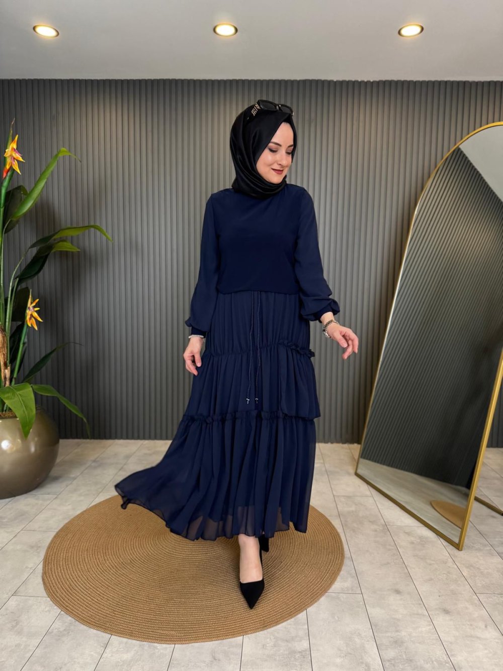 Navy Blue Skirt Set with Chiffon Sleeve