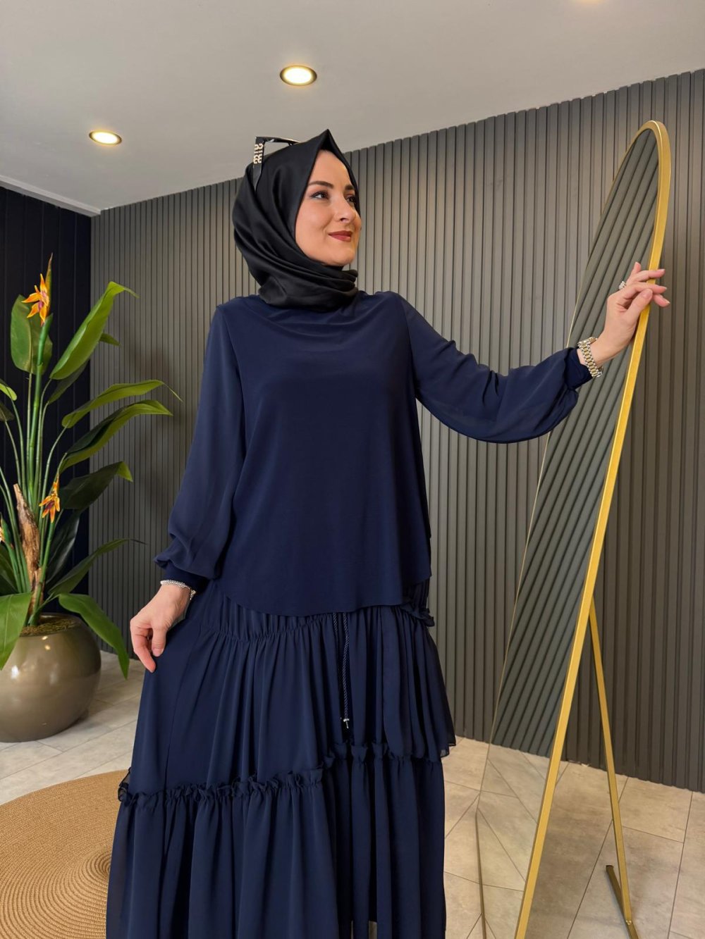 Navy Blue Skirt Set with Chiffon Sleeve