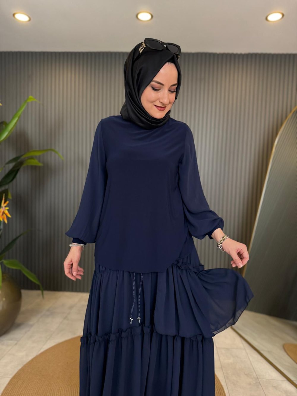 Navy Blue Skirt Set with Chiffon Sleeve