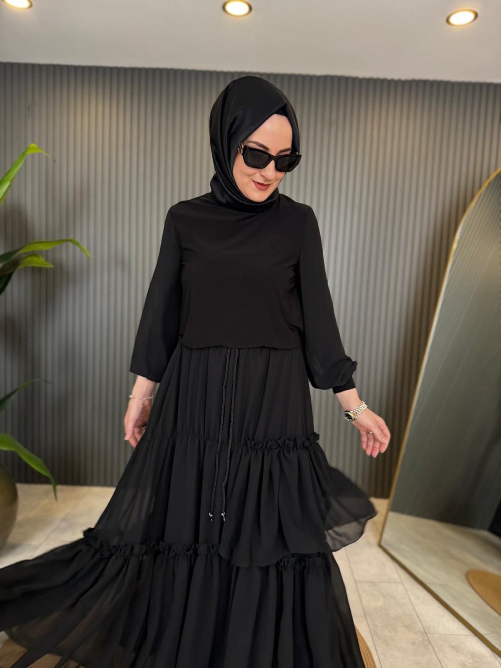 Black Skirt Set with Chiffon Sleeves