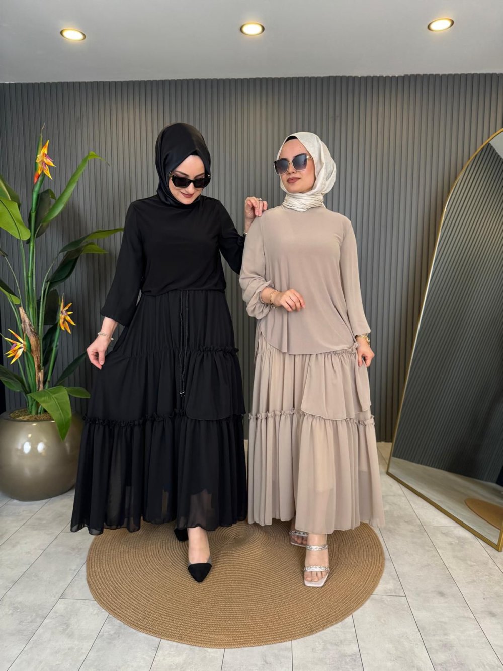 Beige Skirt Set with Chiffon Sleeve