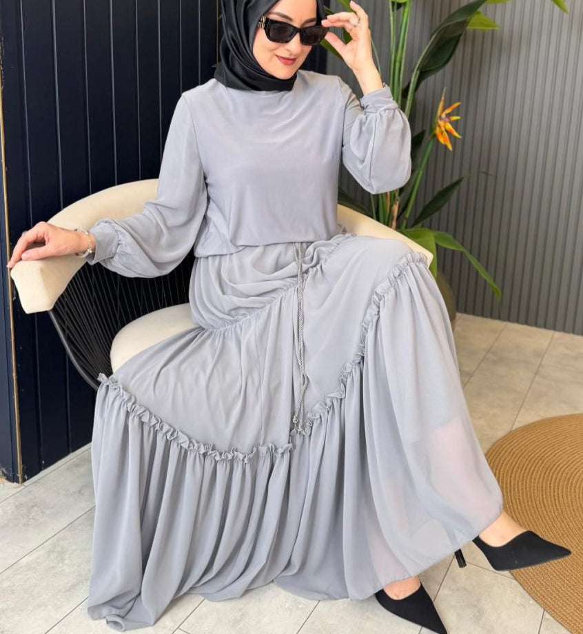 Gray Skirt Set with Chiffon Sleeves