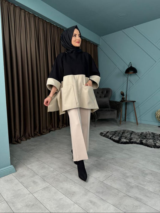 Beige Pants with Ribbed Detail