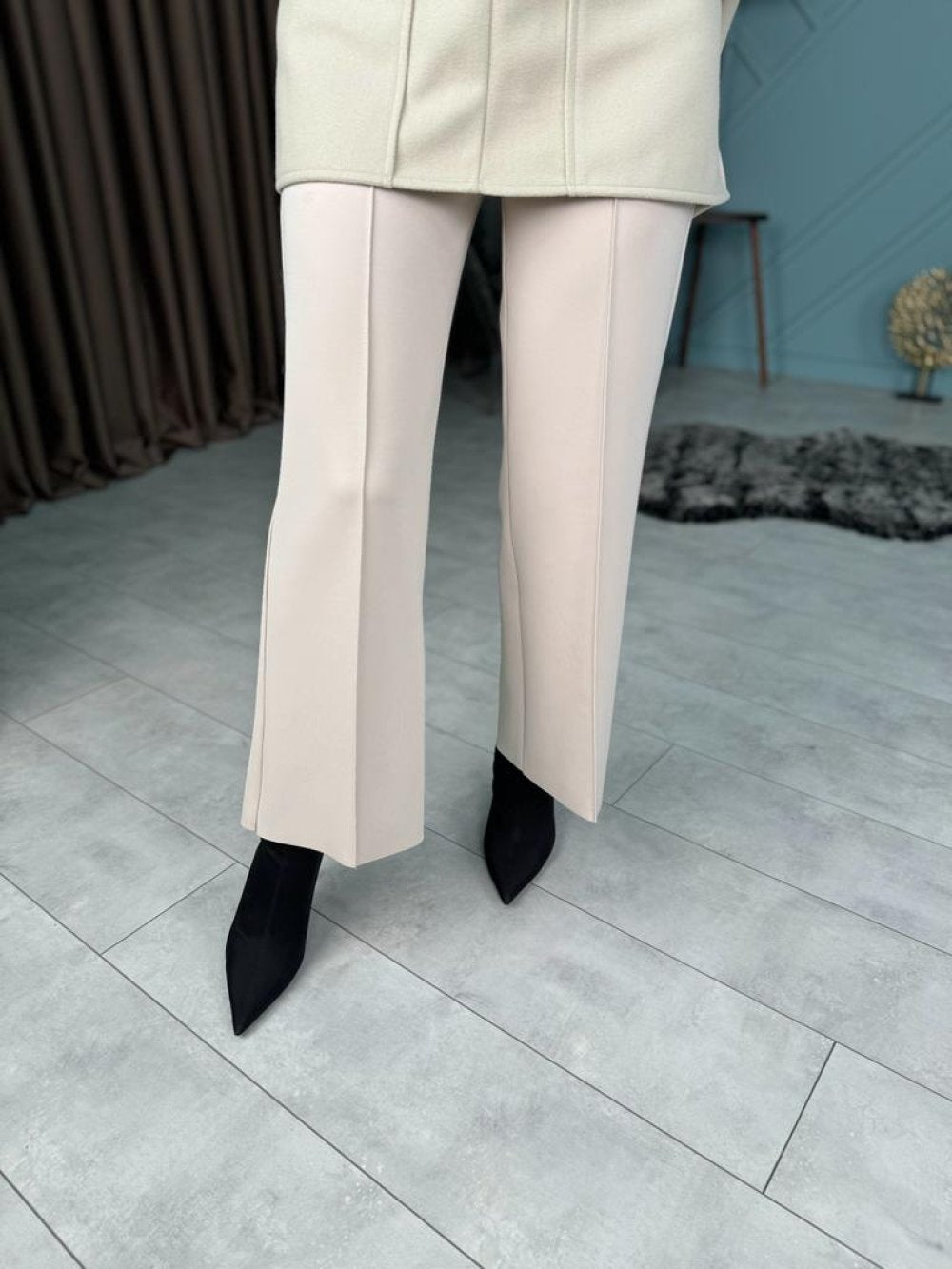 Beige Pants with Ribbed Detail