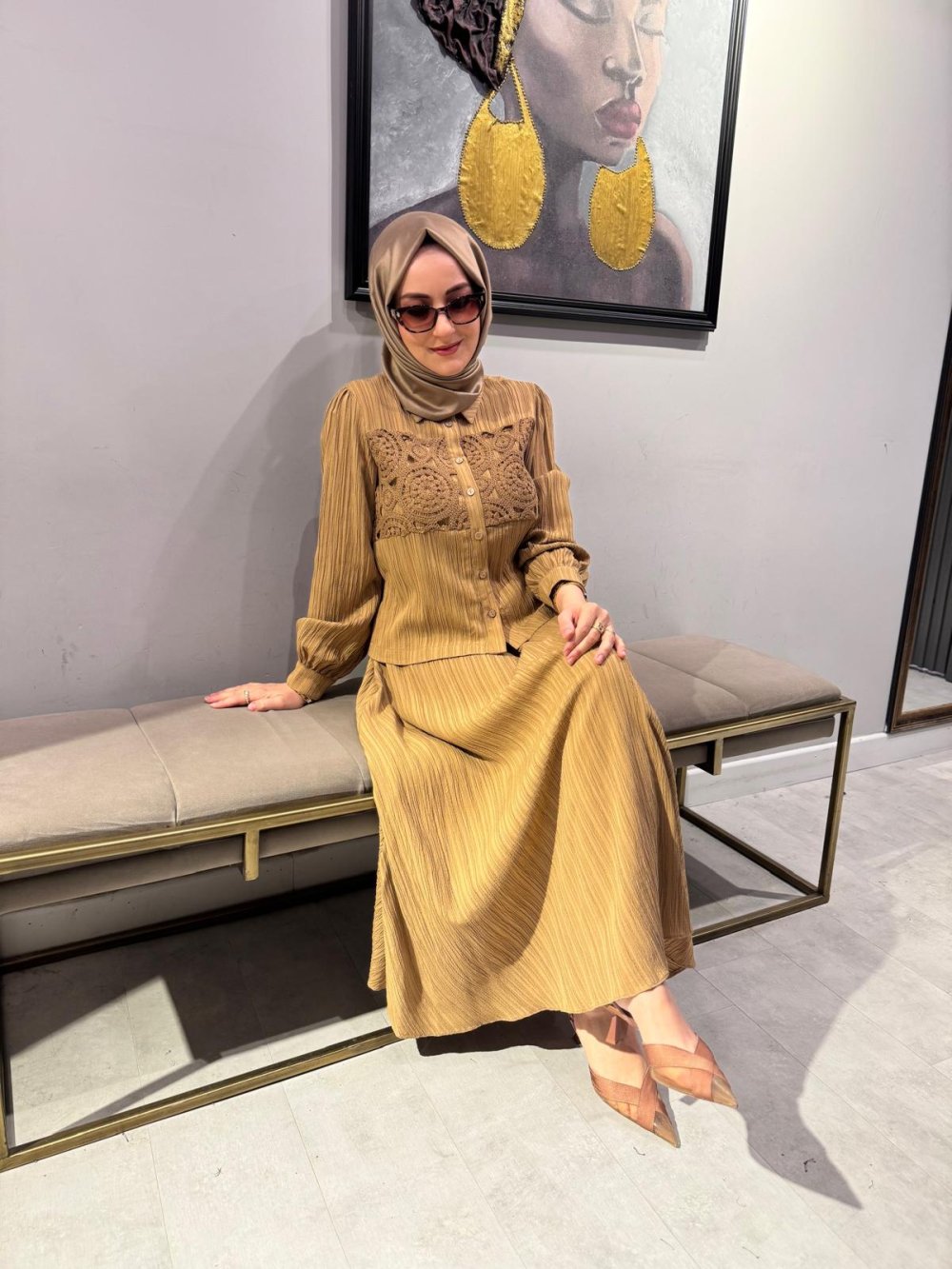 Camel Set with Lace Trim Skirt