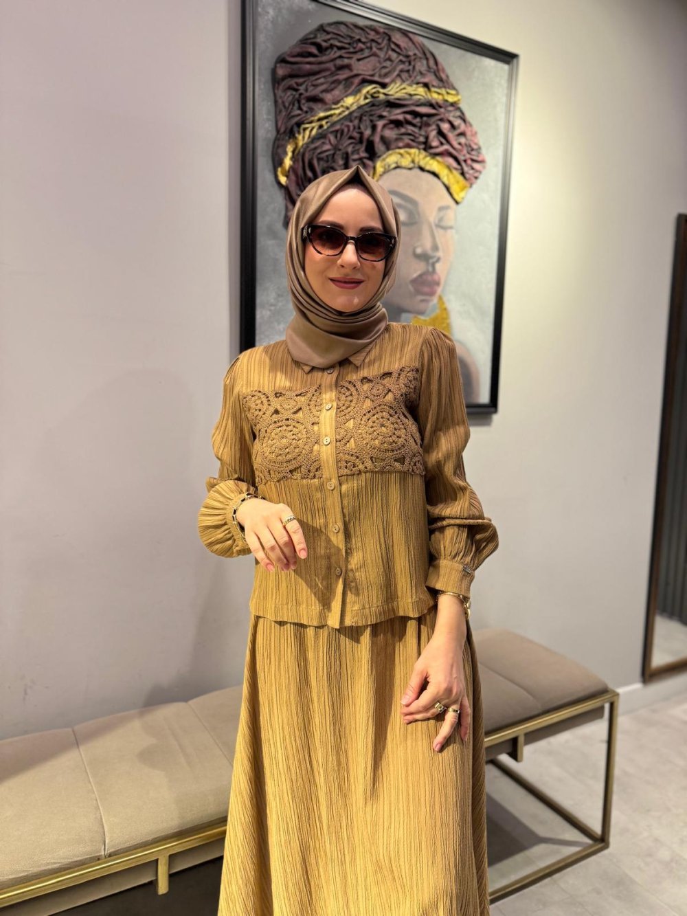 Camel Set with Lace Trim Skirt