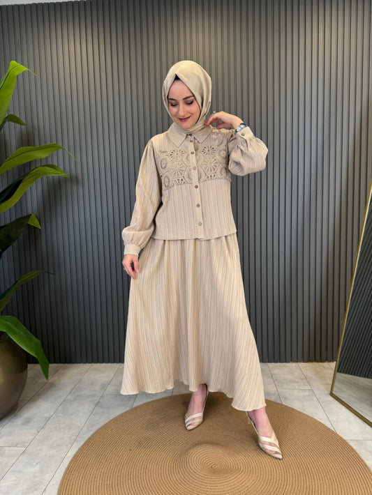 Beige Set with Lace Trim Skirt