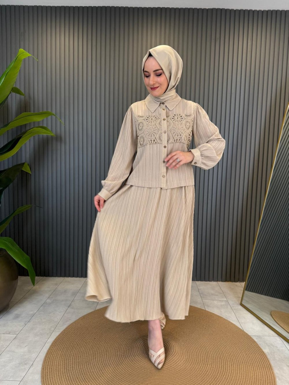 Beige Set with Lace Trim Skirt