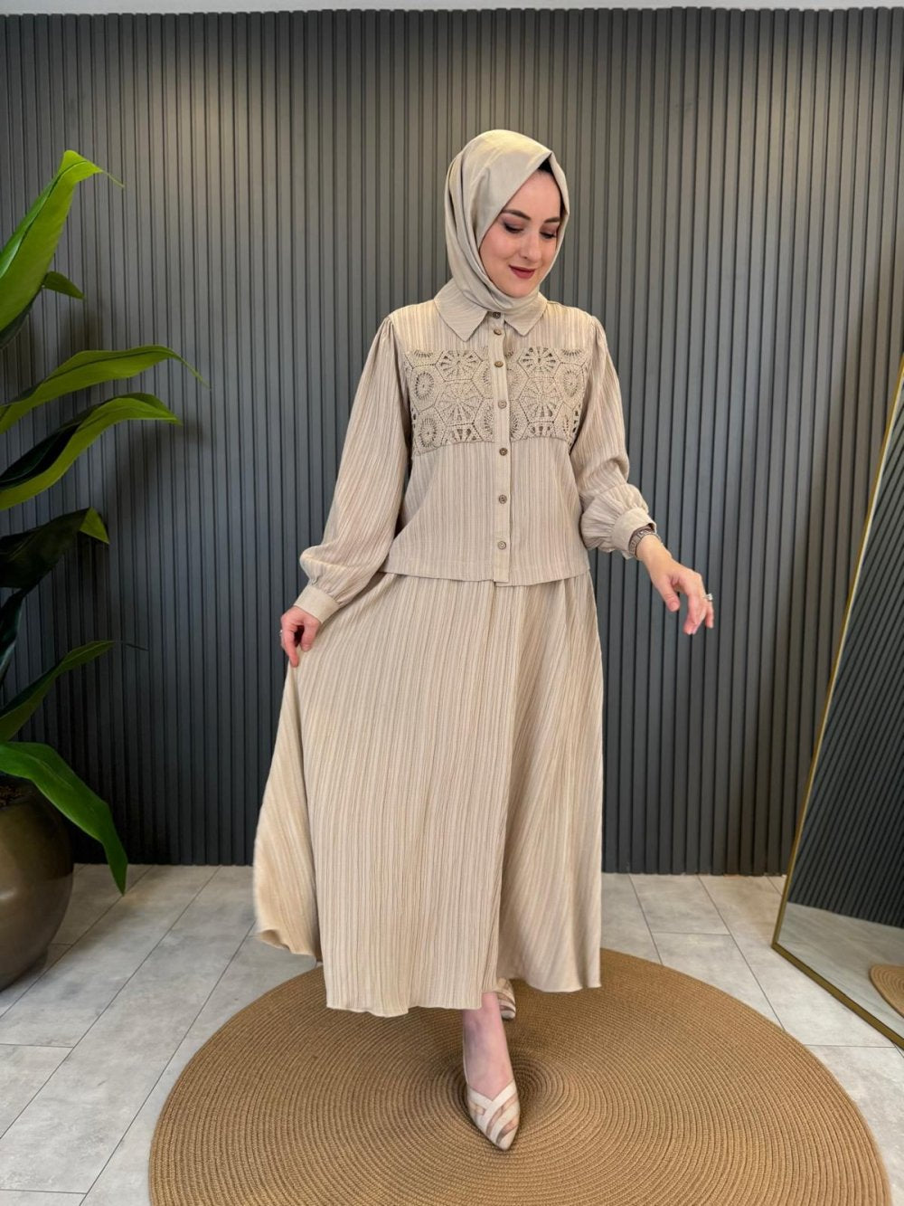 Beige Set with Lace Trim Skirt