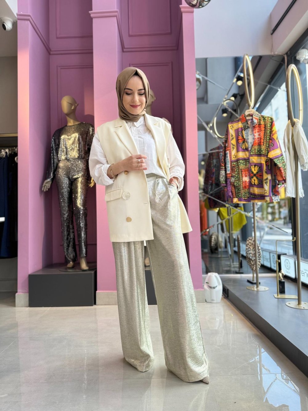 Touche Shiny Palazzo Pants Silver