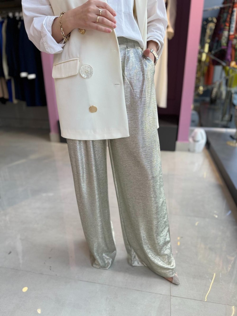 Touche Shiny Palazzo Pants Silver