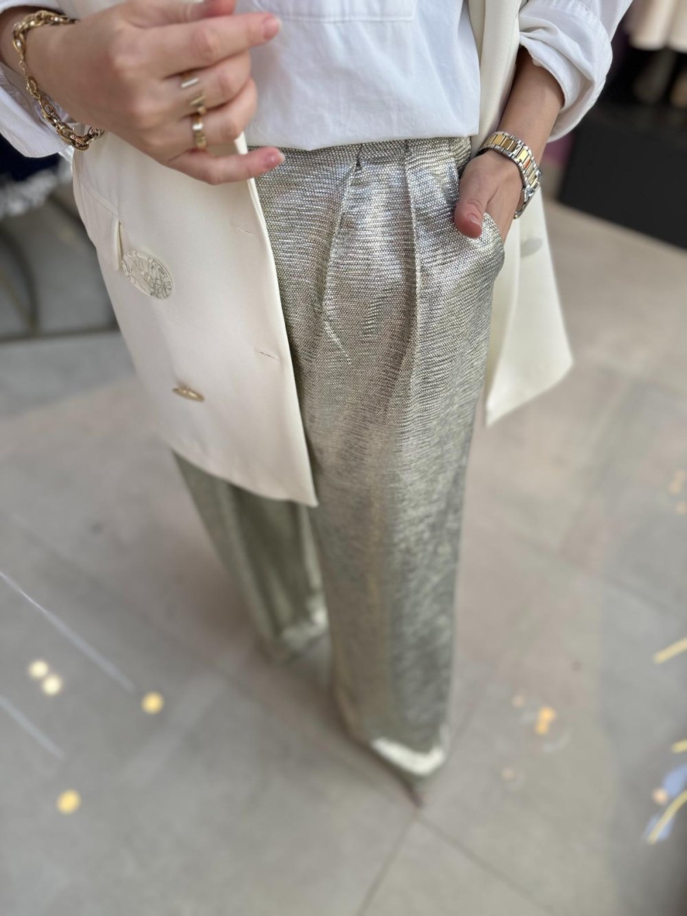 Touche Shiny Palazzo Pants Silver
