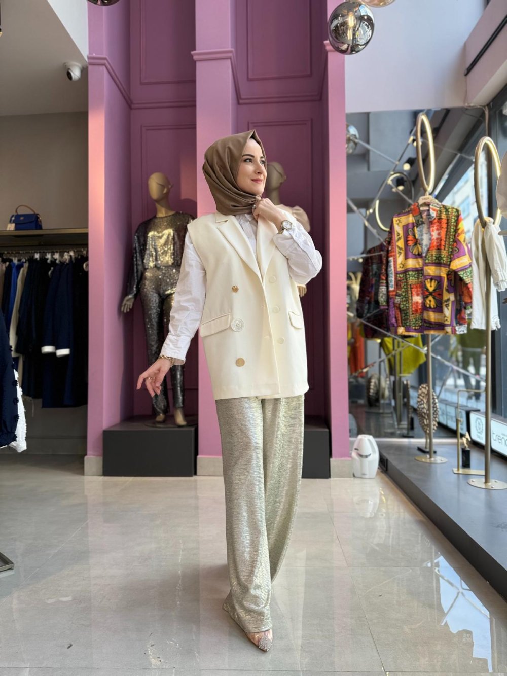 Touche Shiny Palazzo Pants Silver