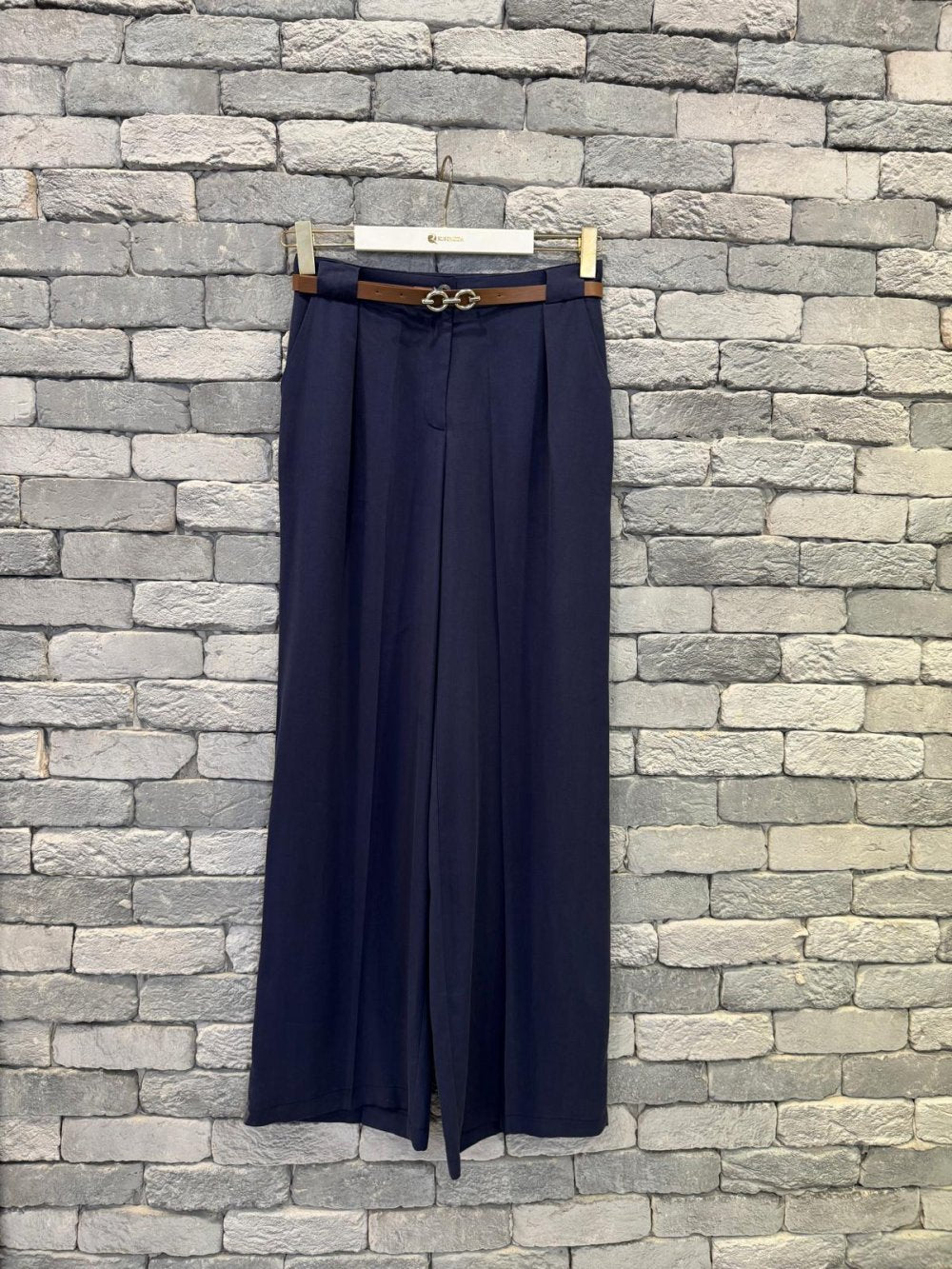 High Waist Belted Trousers Navy Blue