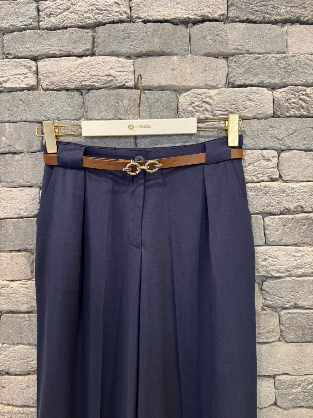 High Waist Belted Trousers Navy Blue