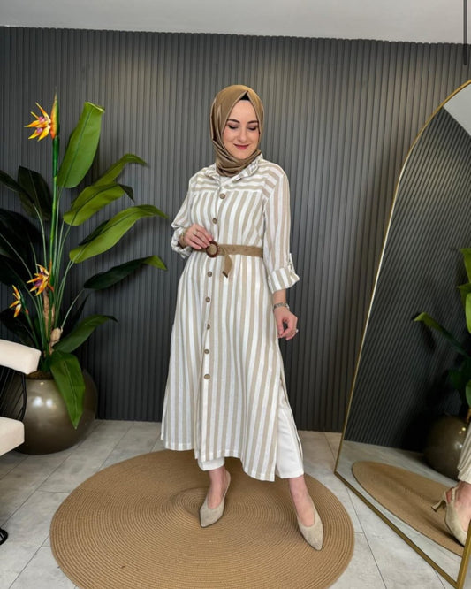 Striped Button-Down Midi Dress with Belt