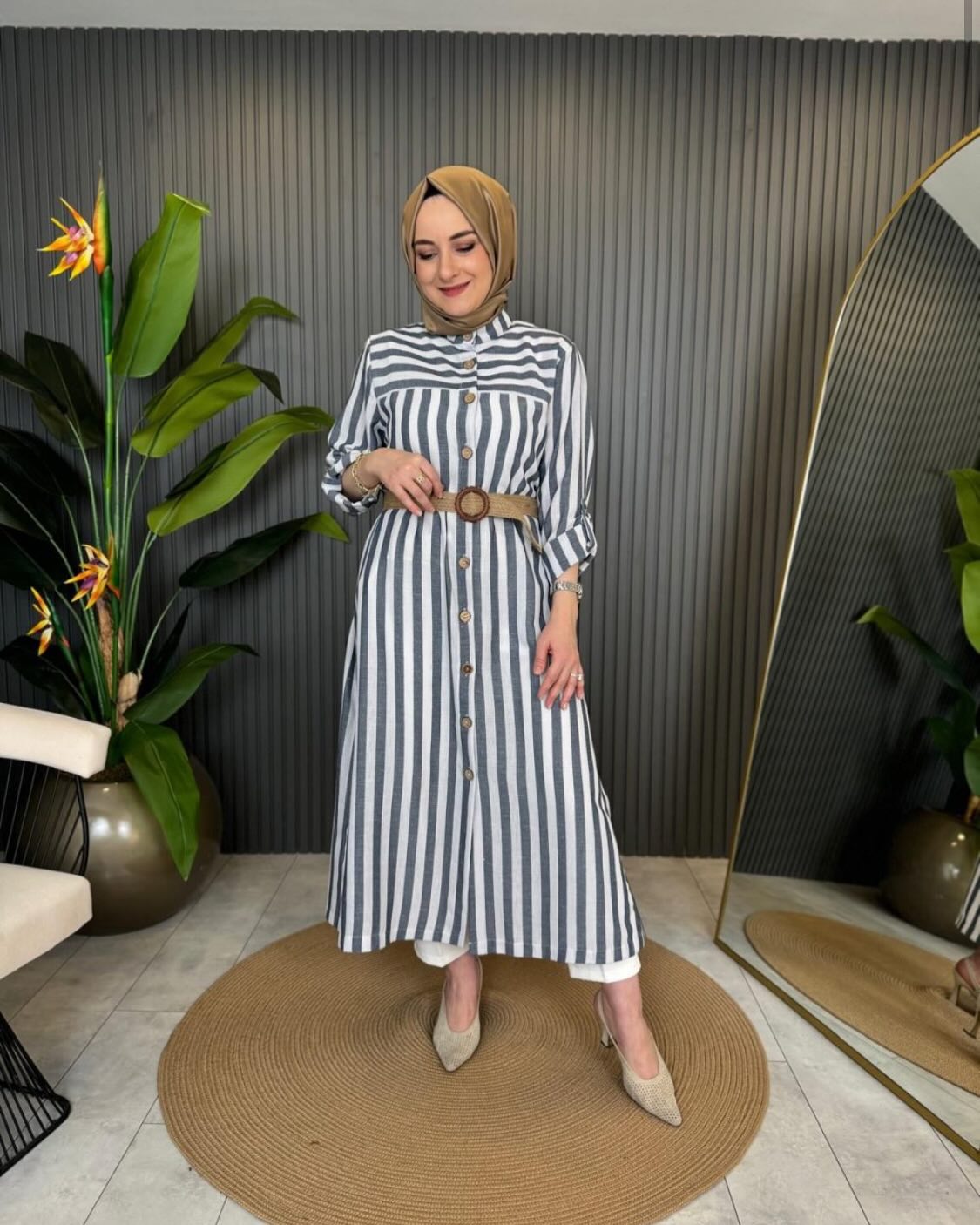 Striped Button-Down Midi Dress with Belt