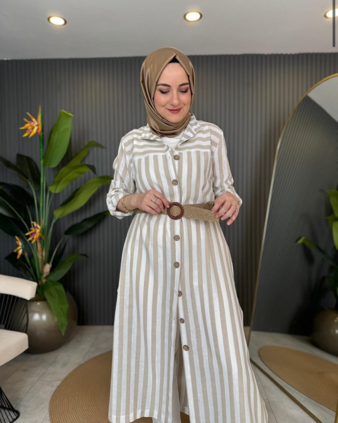 Striped Button-Down Midi Dress with Belt