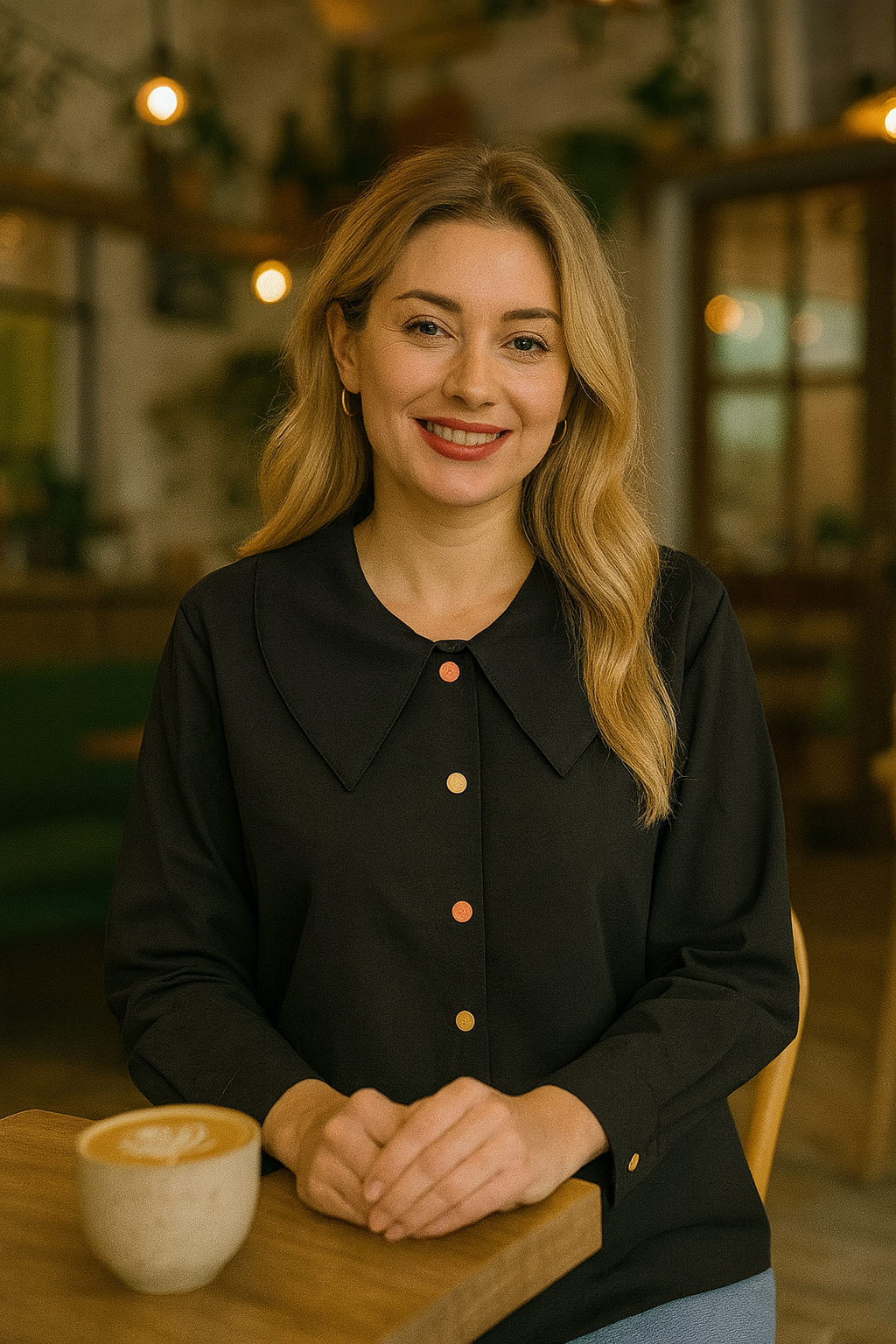 Long-sleeve button-down blouse with a bold oversized collar