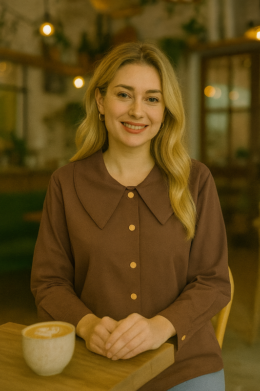 Long-sleeve button-down blouse with a bold oversized collar
