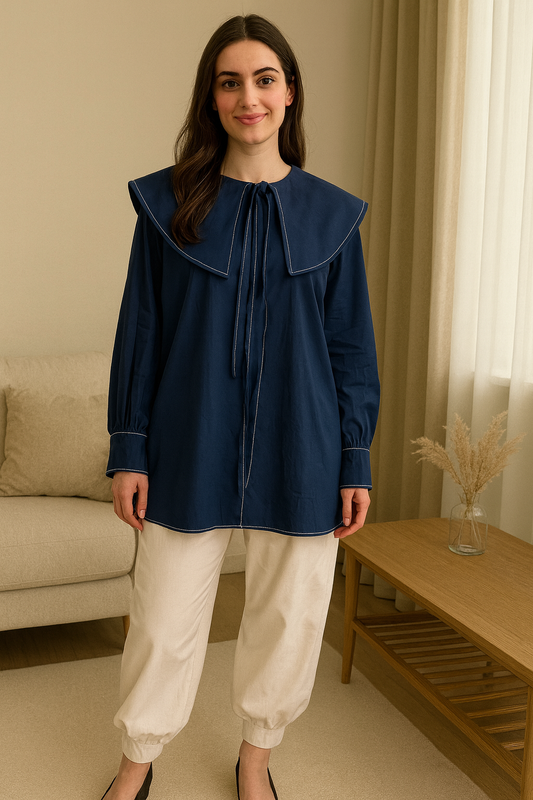 Long-sleeve blouses with oversized sailor-style collars