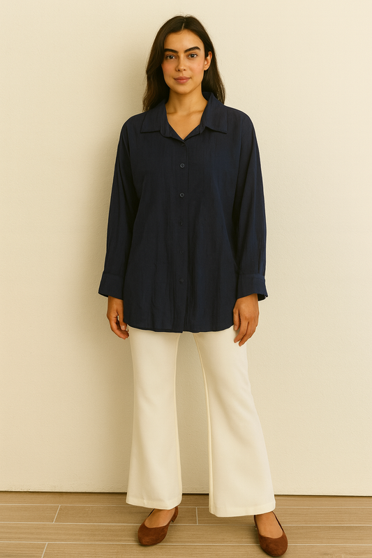 A classic longline button-down shirt in deep navy blue