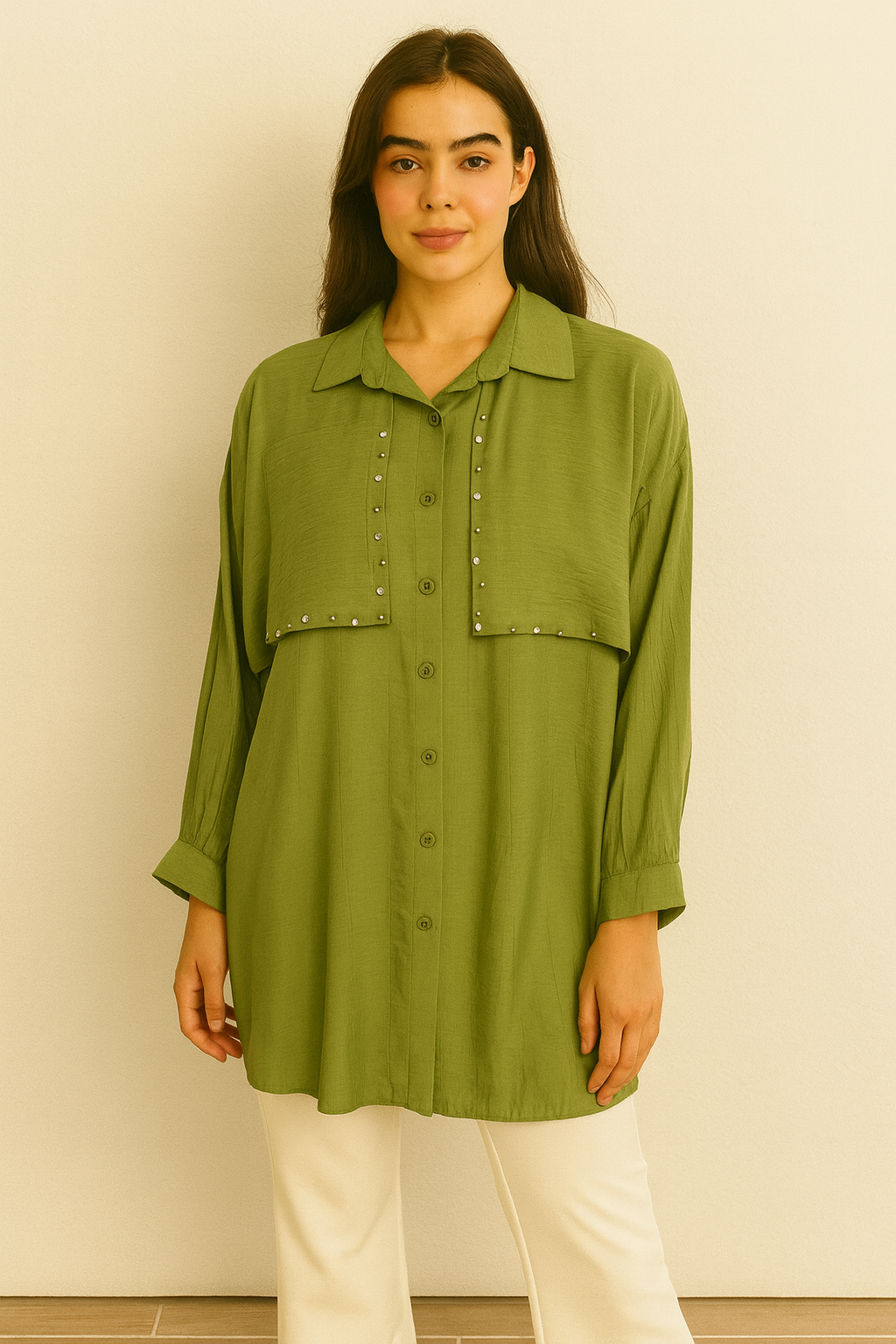 A longline button-down tunic shirt in a fresh green shade with stylish stud detailing.