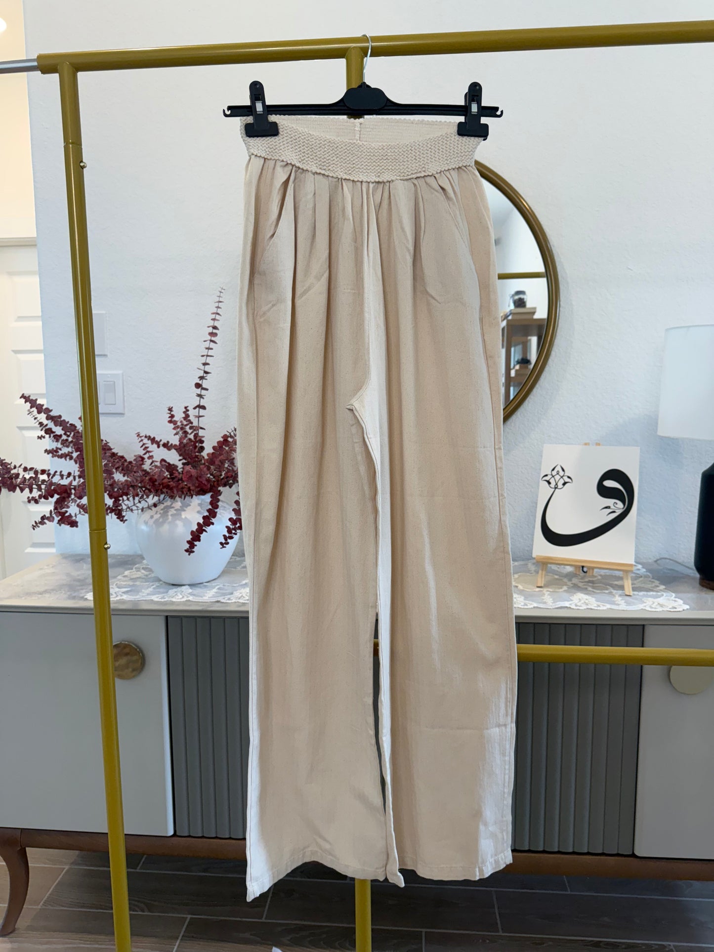 Beige Wide-Leg Pants with Smocked Waist