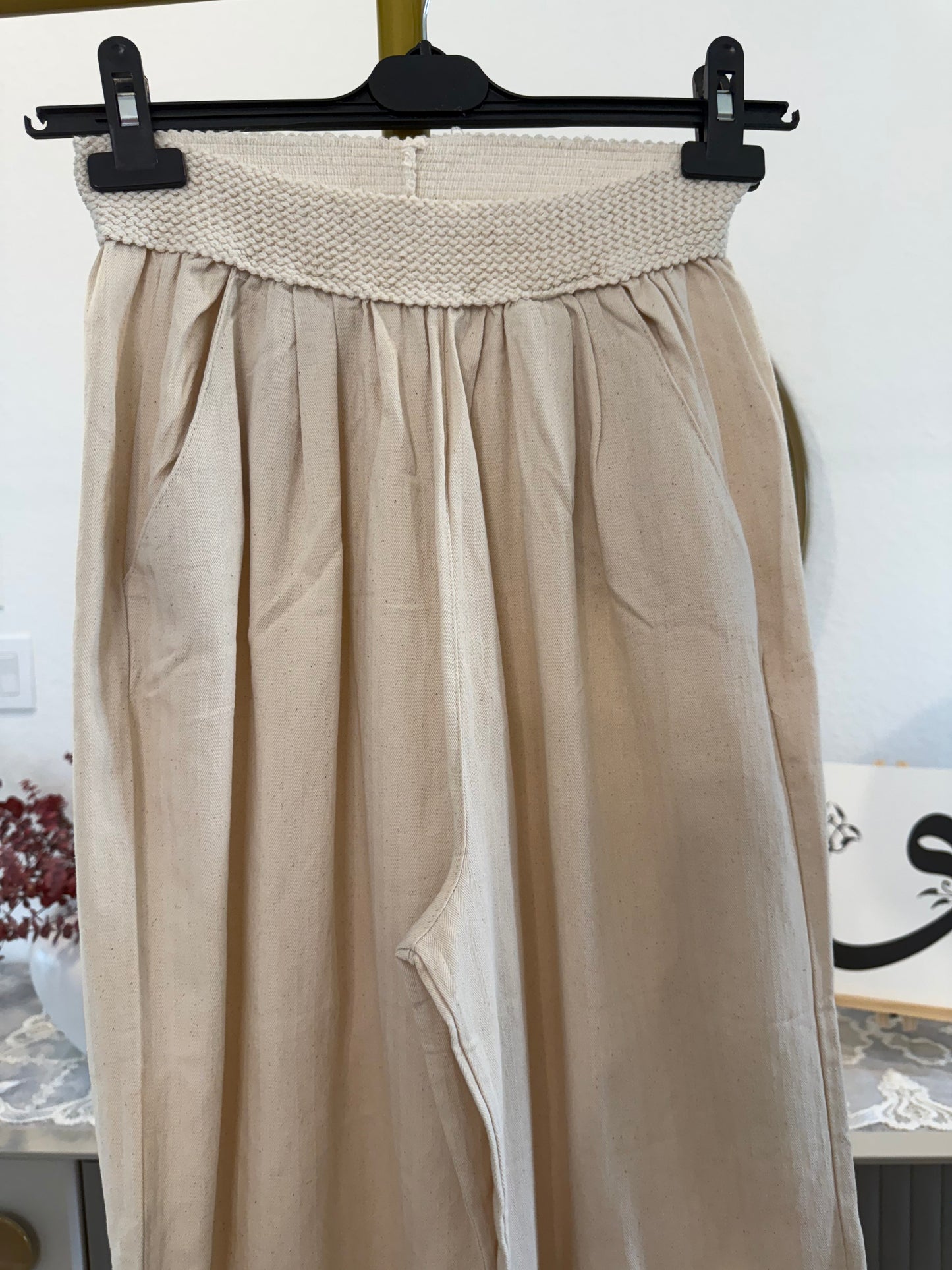 Beige Wide-Leg Pants with Smocked Waist