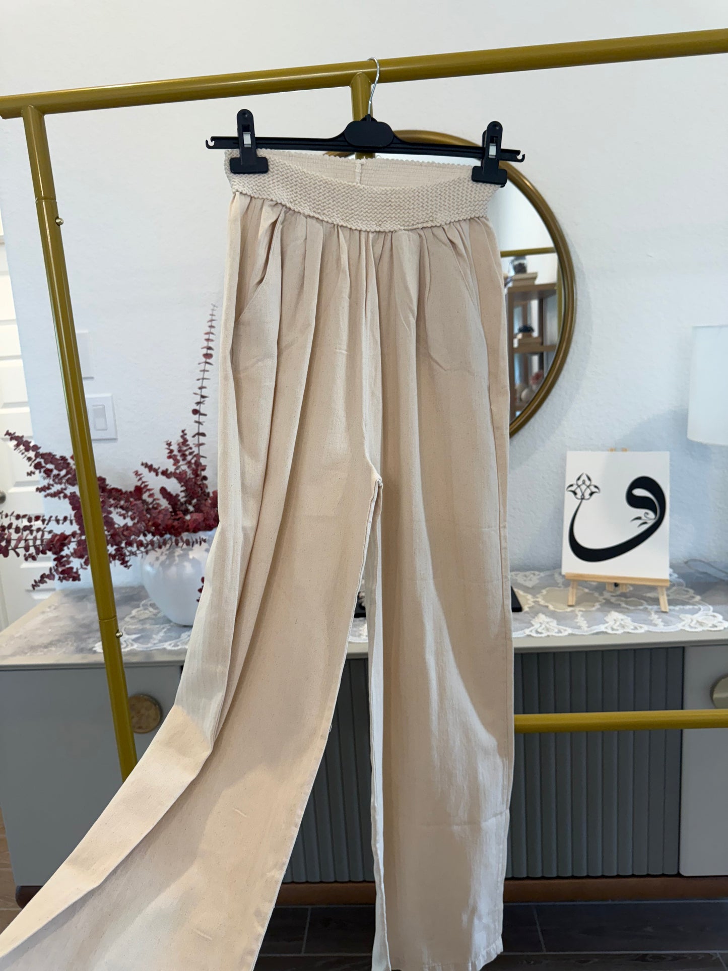 Beige Wide-Leg Pants with Smocked Waist