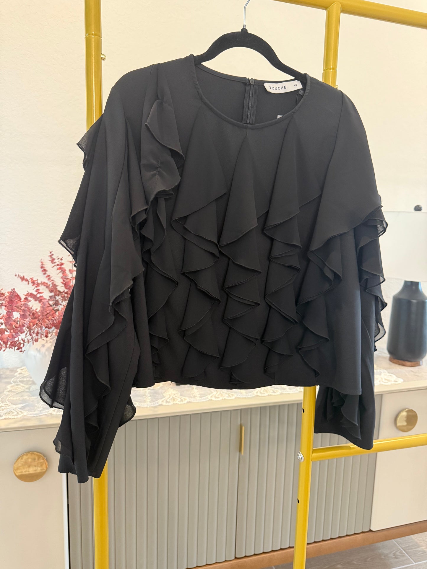 Black ruffled blouse (Touche brand)