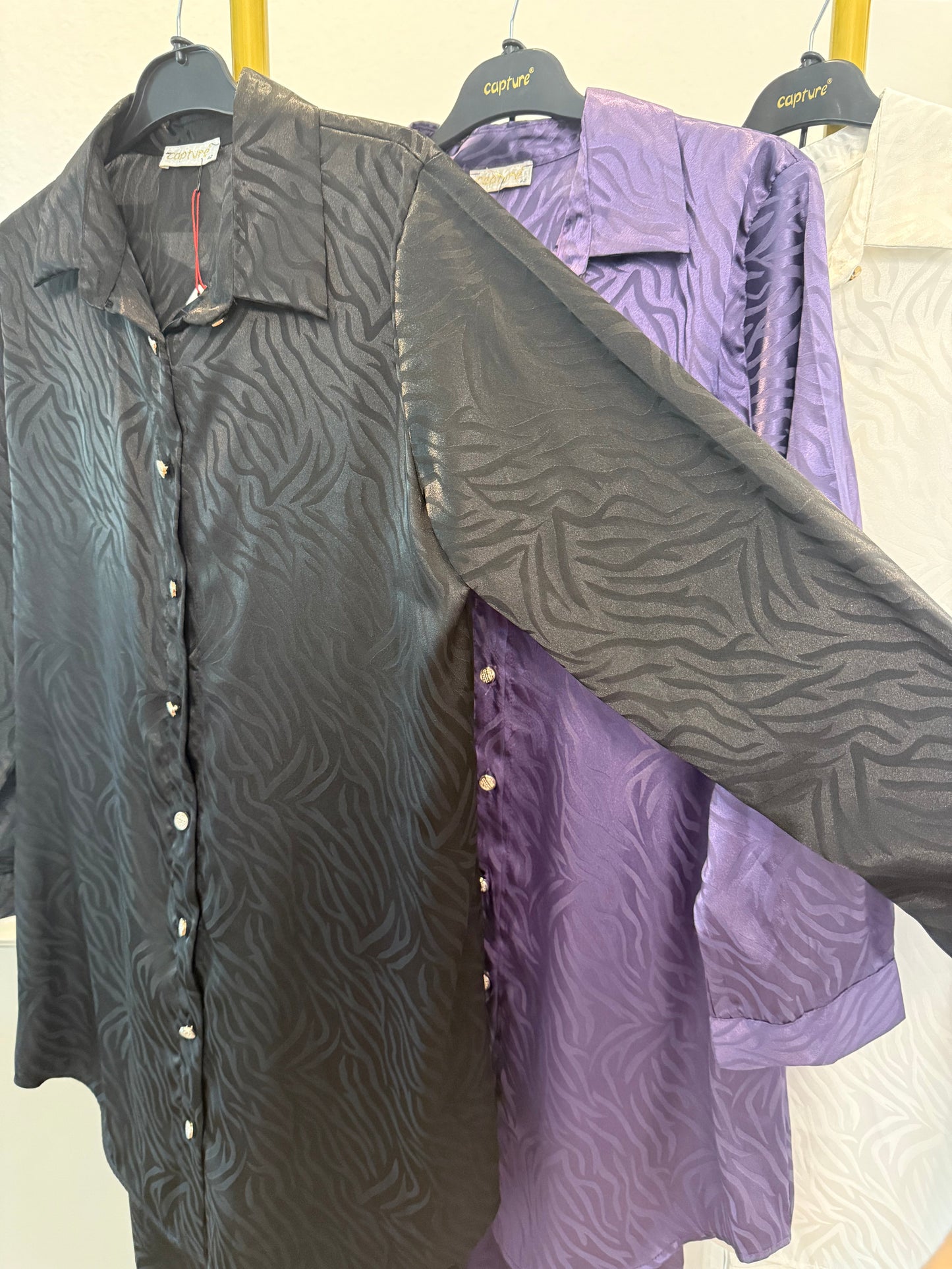 Elegant satin-finish tunic sets with a subtle zebra-textured jacquard pattern