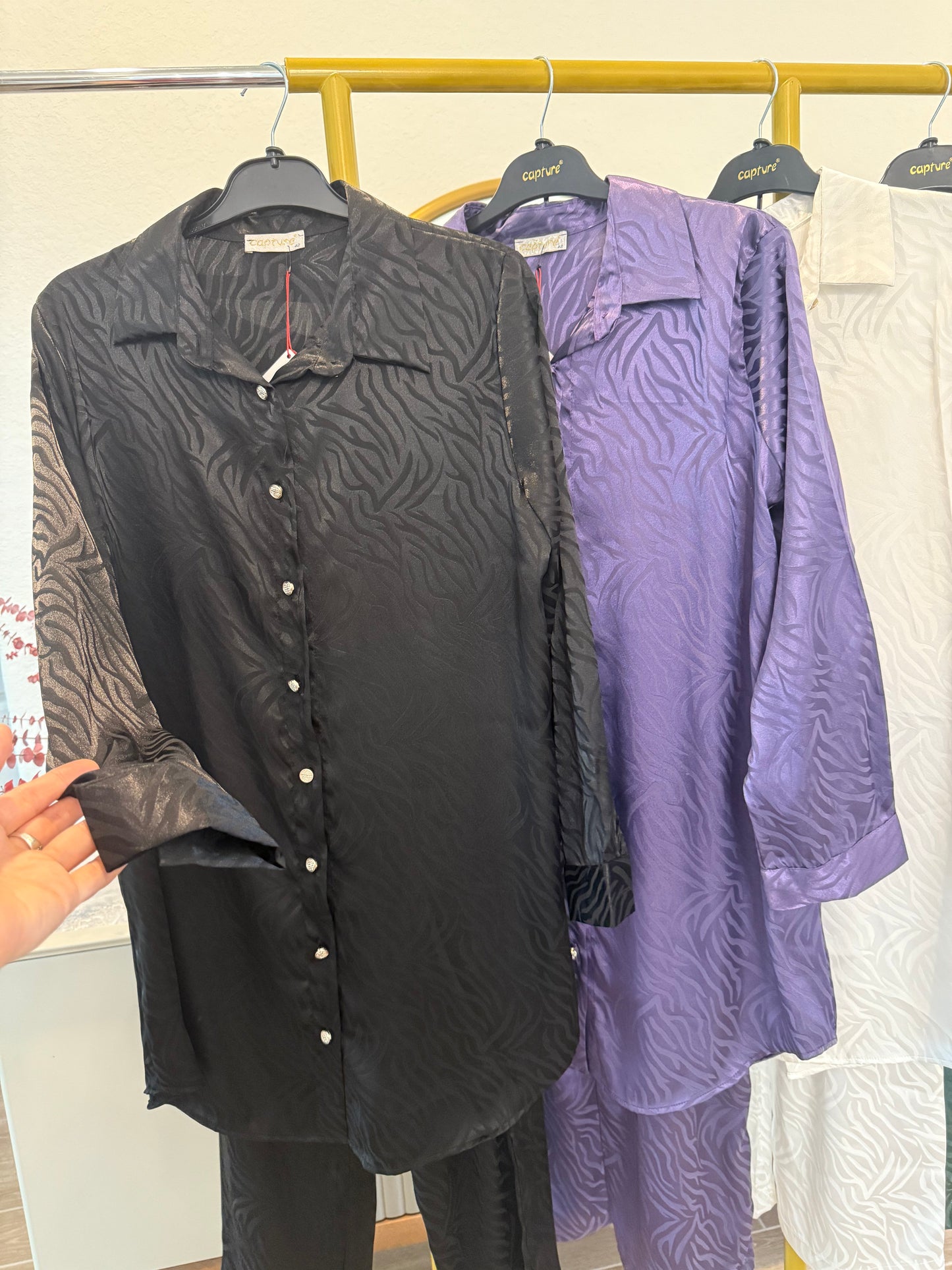 Elegant satin-finish tunic sets with a subtle zebra-textured jacquard pattern