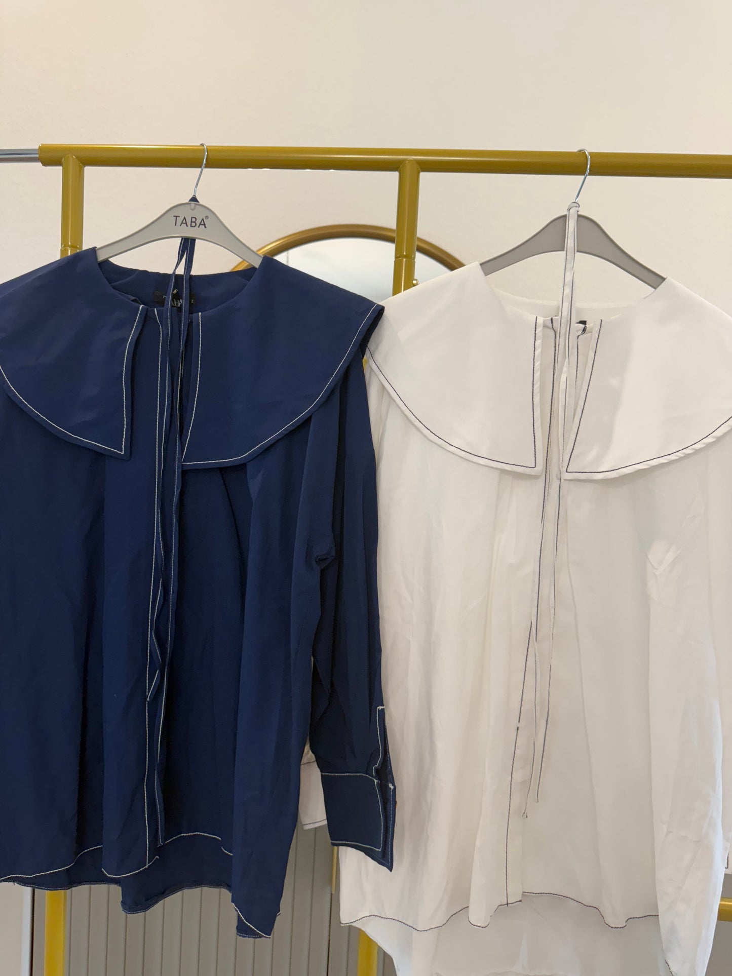 Long-sleeve blouses with oversized sailor-style collars