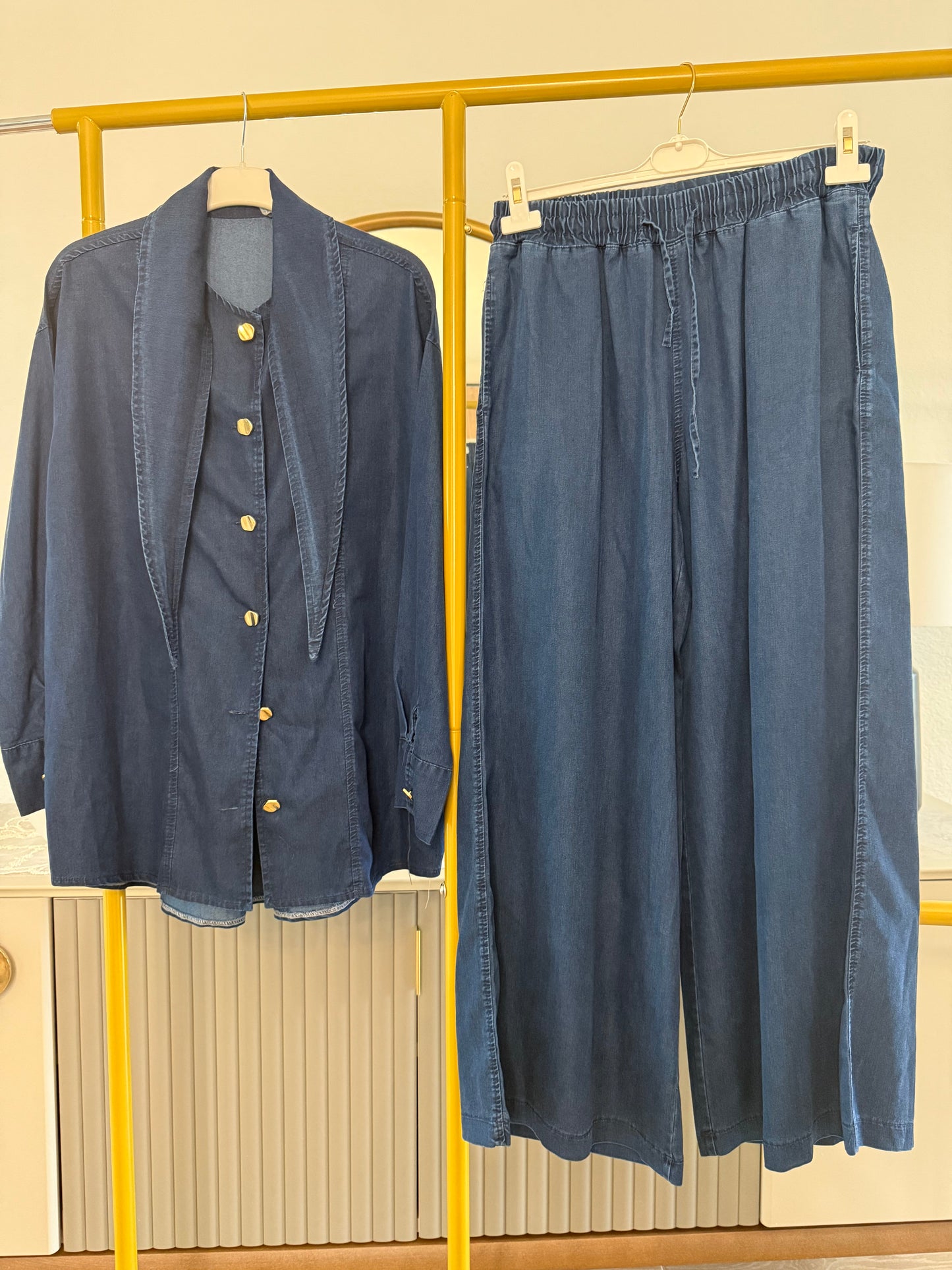 A two-piece denim-look modest set