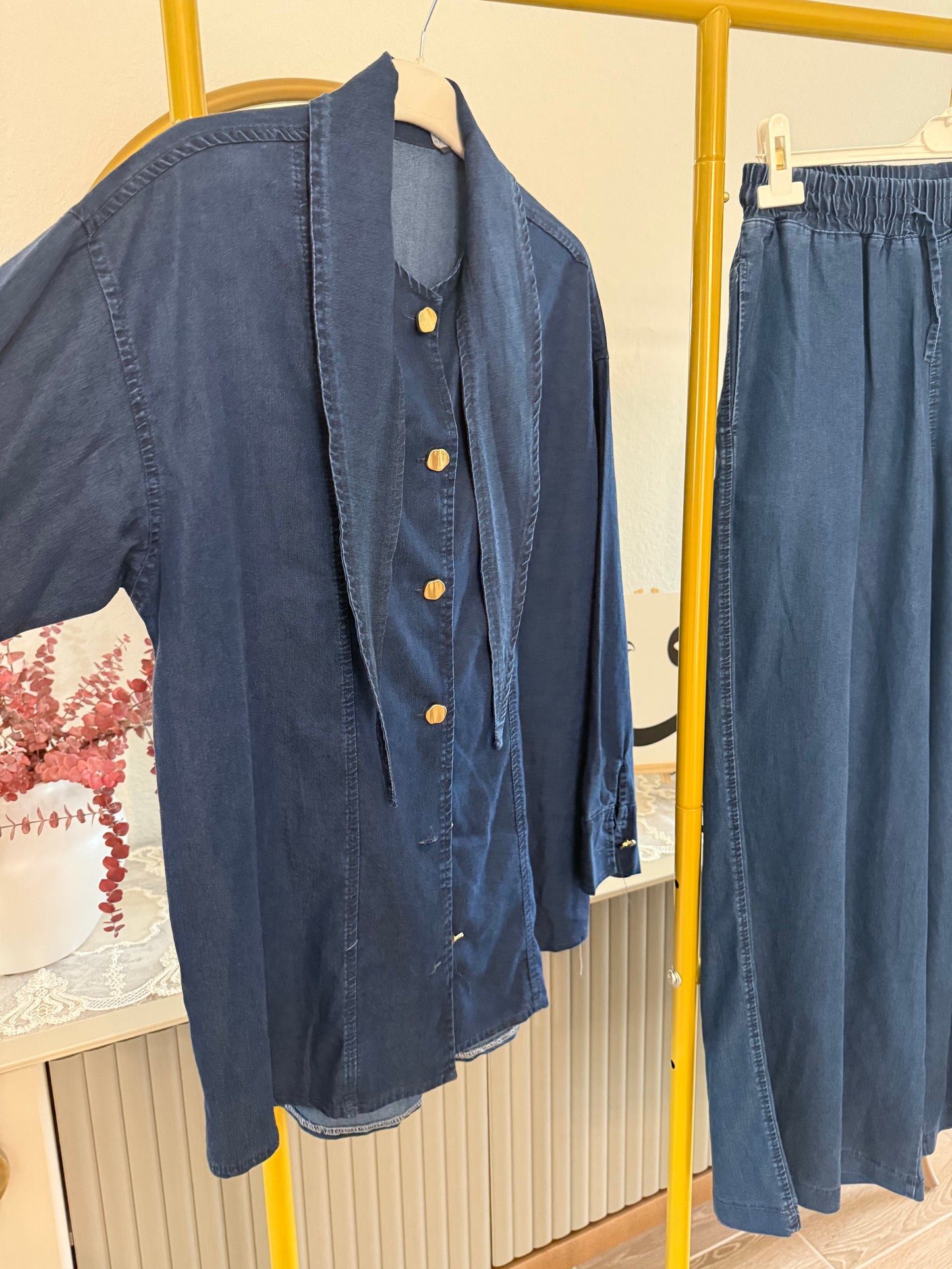 A two-piece denim-look modest set