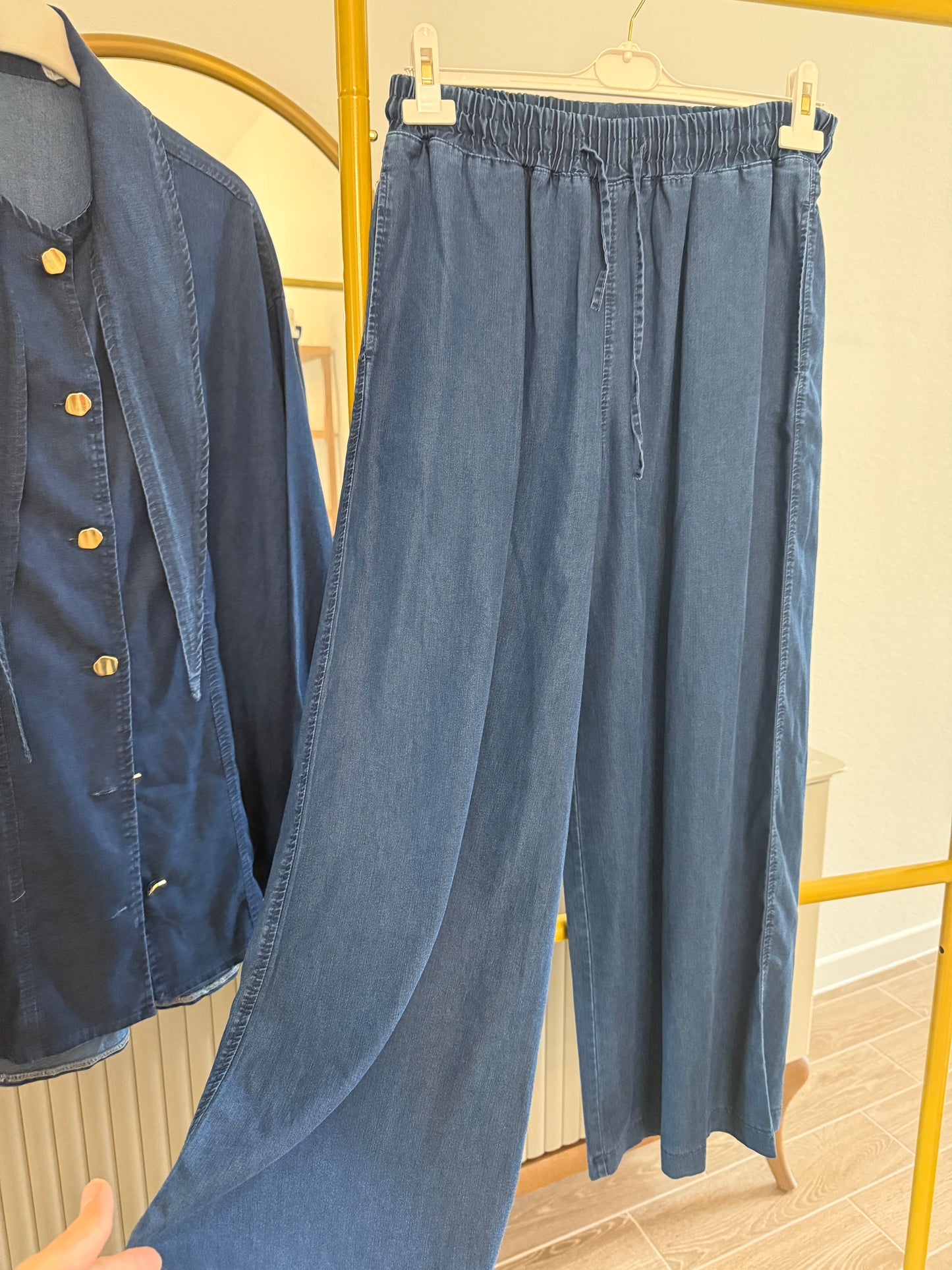 A two-piece denim-look modest set