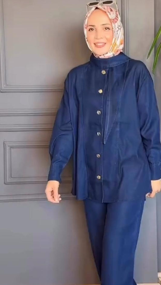 A two-piece denim-look modest set
