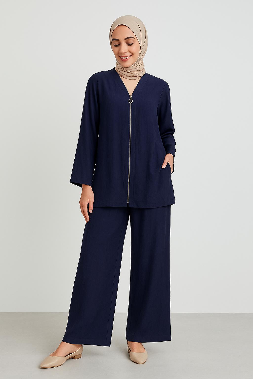 Touche Zip-Front Tunic – Navy Blue & Beige