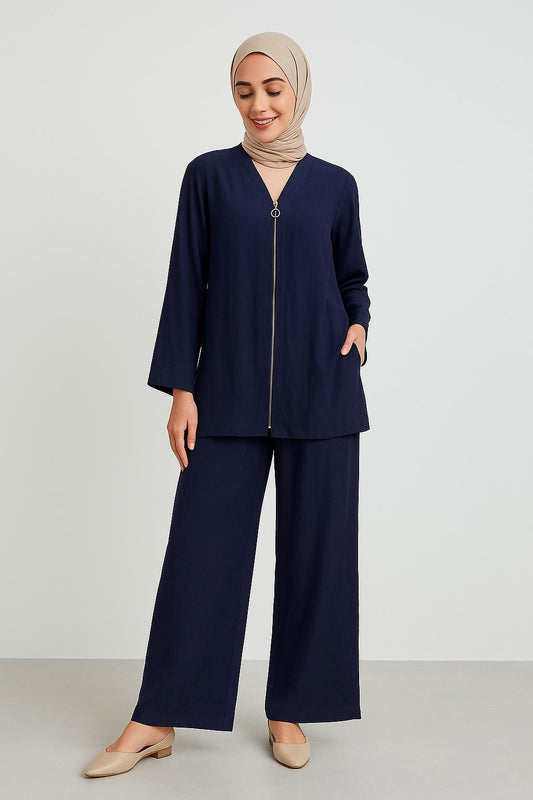 Touche Zip-Front Tunic – Navy Blue & Beige