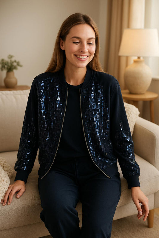Two-piece sequin tracksuit.