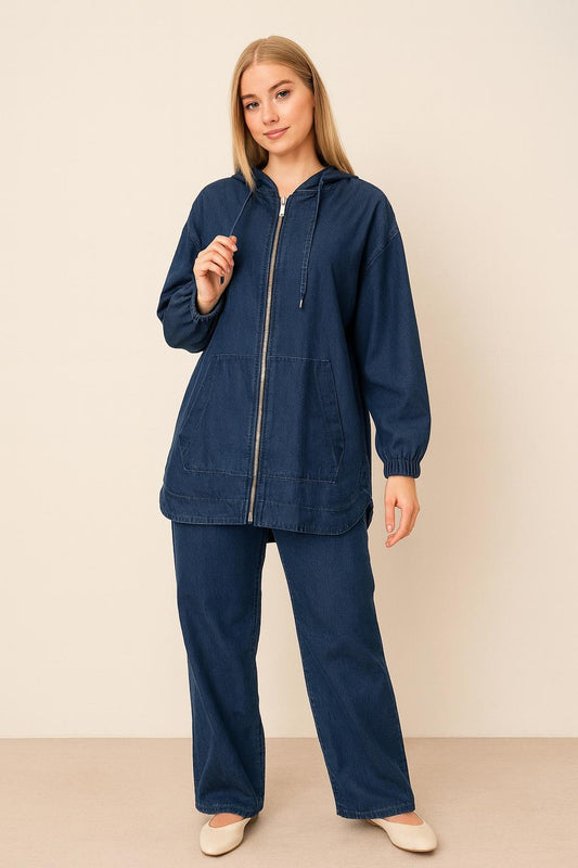 Casual Denim-Style Hoodie Jacket – Navy Blue