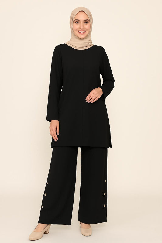 Black Wide-Leg Pants with Side Button Detail