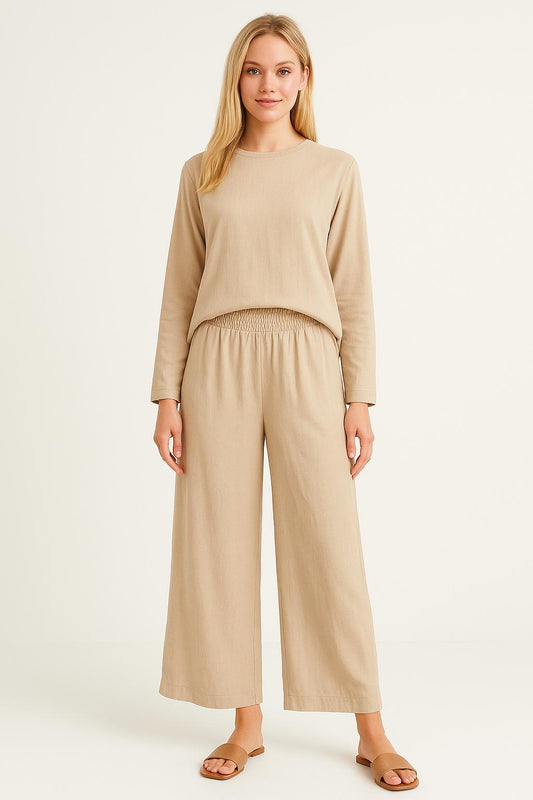 Beige Wide-Leg Pants with Smocked Waist