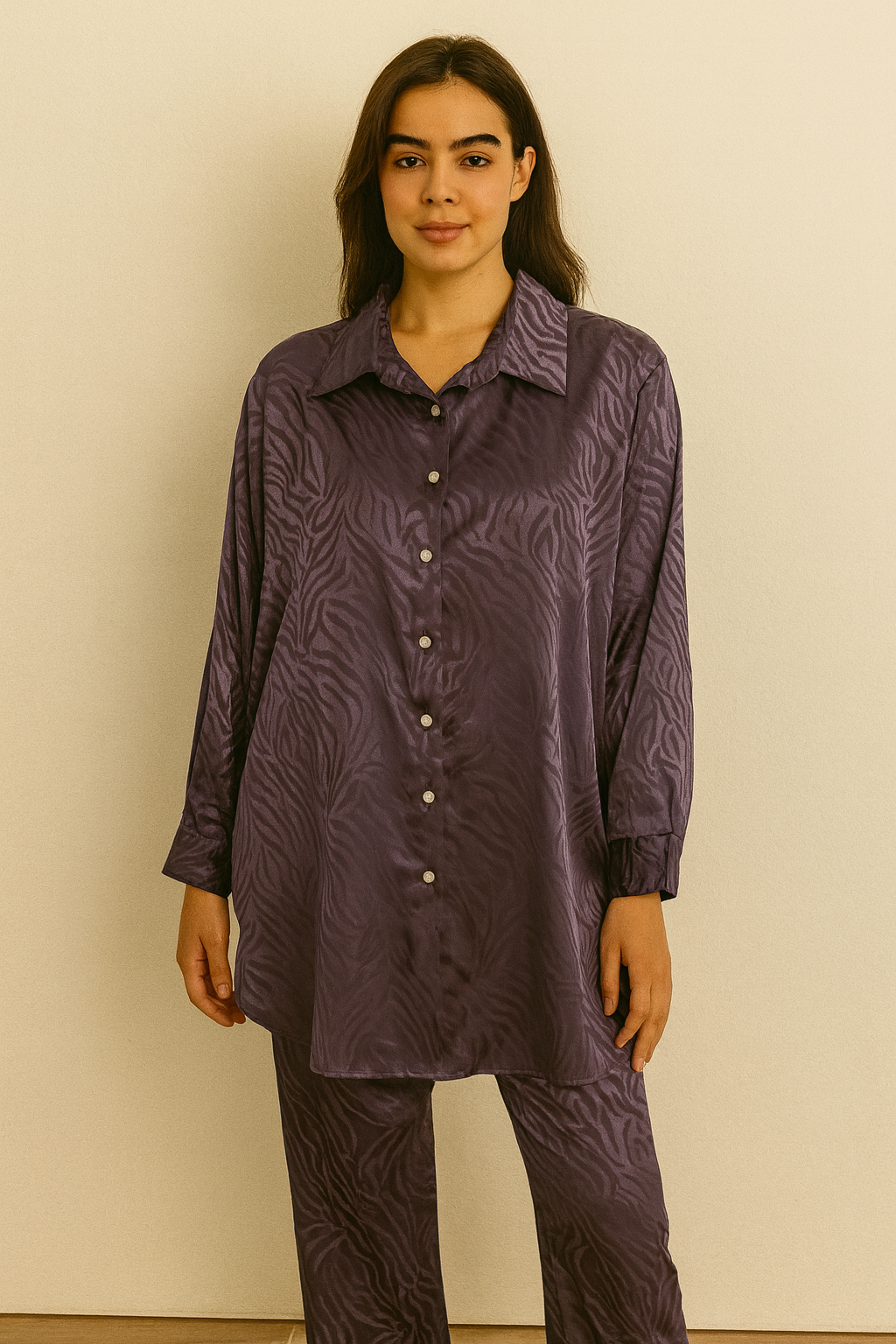 Elegant satin-finish tunic sets with a subtle zebra-textured jacquard pattern