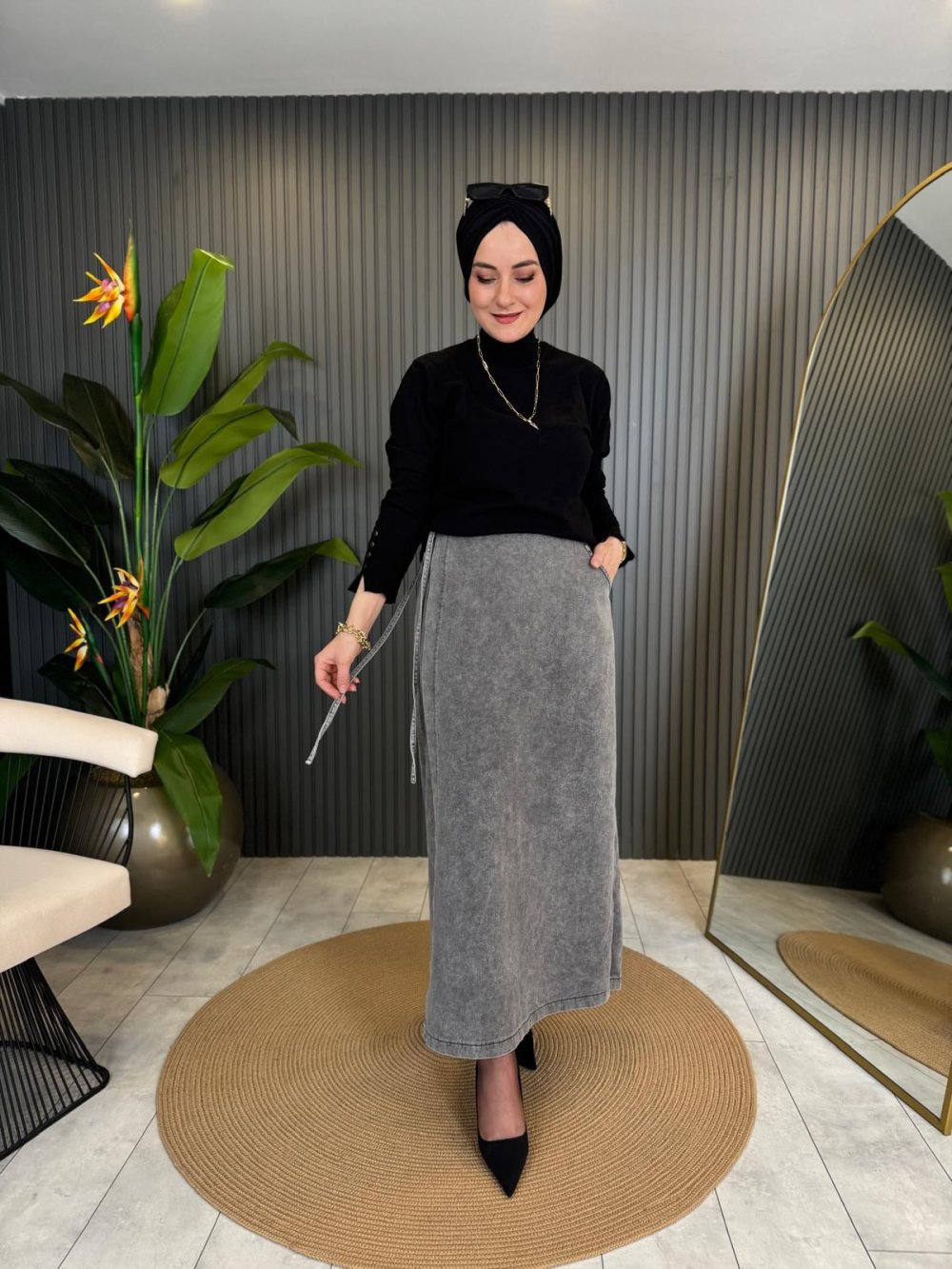 Gray Denim Skirt with Belt