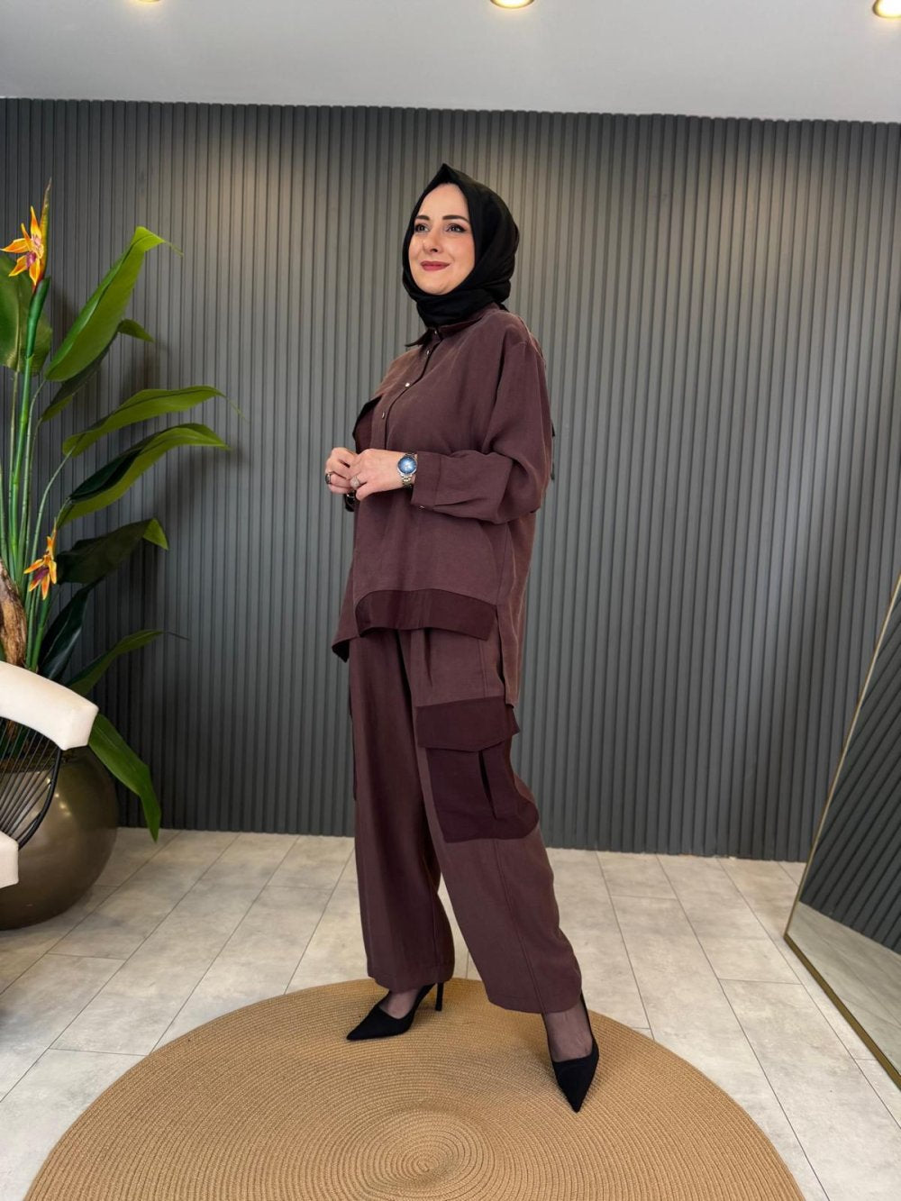 Dubai Garnished Pocket Passion Pants Set in Reddish Brown